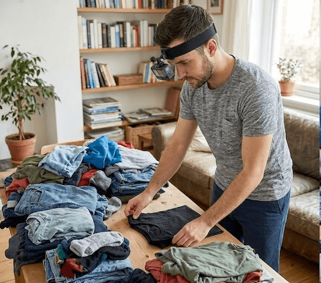 Contributor folding laundry with head-mounted phone camera
