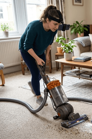 Contributor vacuuming living room with head-mounted phone camera
