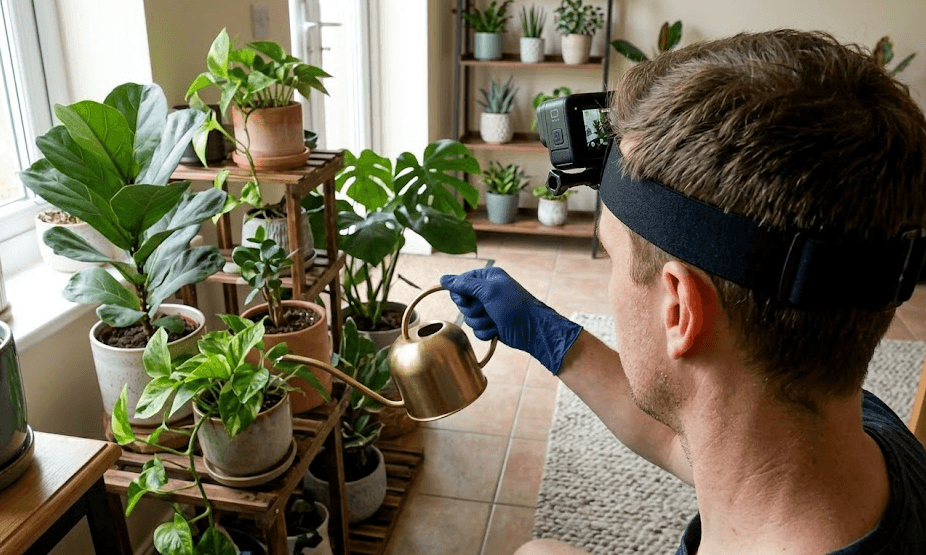 Contributor watering plants with head-mounted GoPro camera